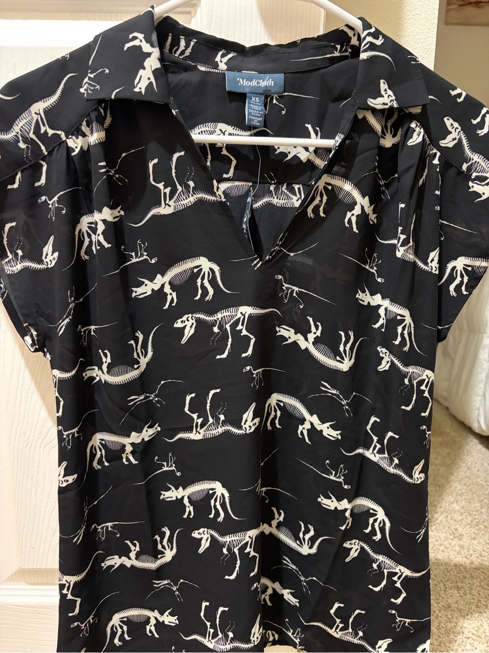Modcloth Black Top with Cream Dinosaur Skeletons